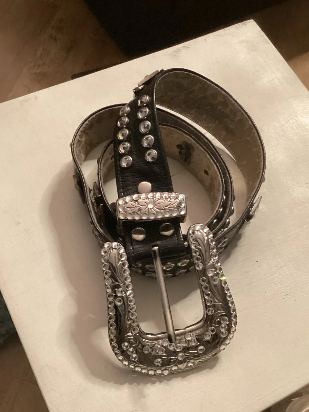 B.B.Simon Black Western Rhinestone Buckle Belt - XL